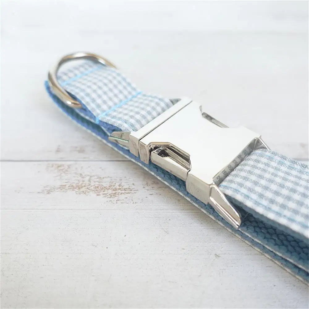 Personalized Pet Collar Free Engraving Customized Puppy Cat Nameplate ID Tag Adjustable Blue Plaid Basic Collars Lead Leash House of kix