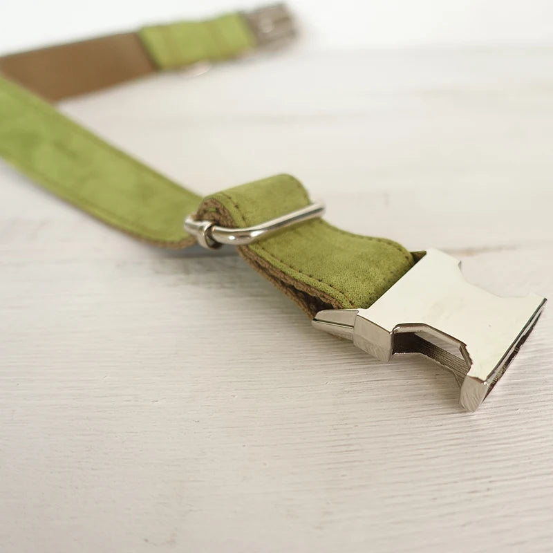 Personalized Pet Collar, Customized Nameplate, ID Tag, Adjustable, Soft, Green, Brown, Suede Fabric, Cat, Dog, Lead, Leash Dogy