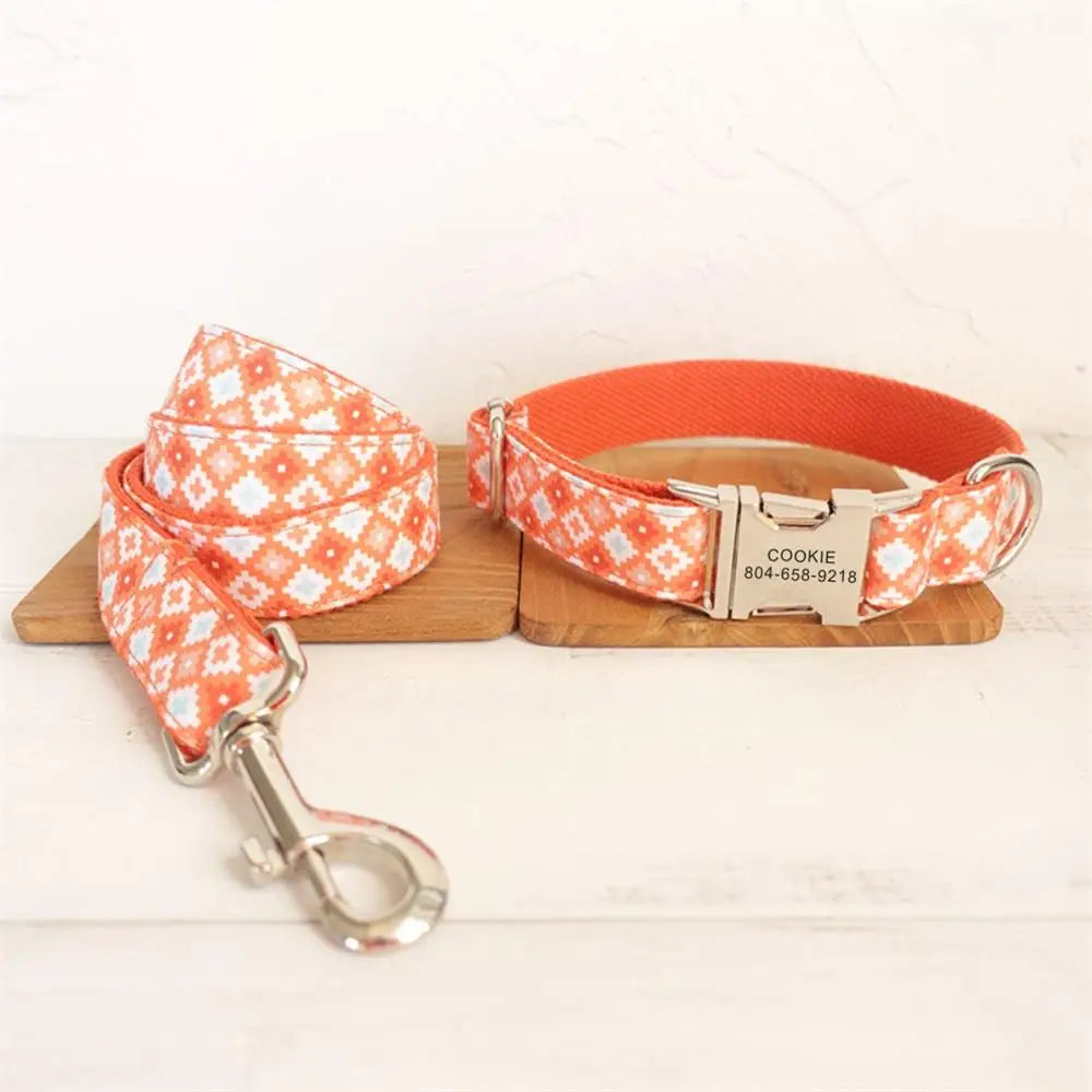 Personalized Pet Collar, Customized Nameplate ID Tag, Adjustable, Orange Geometry, Cat and Dog Collars, Lead Leash Dogy