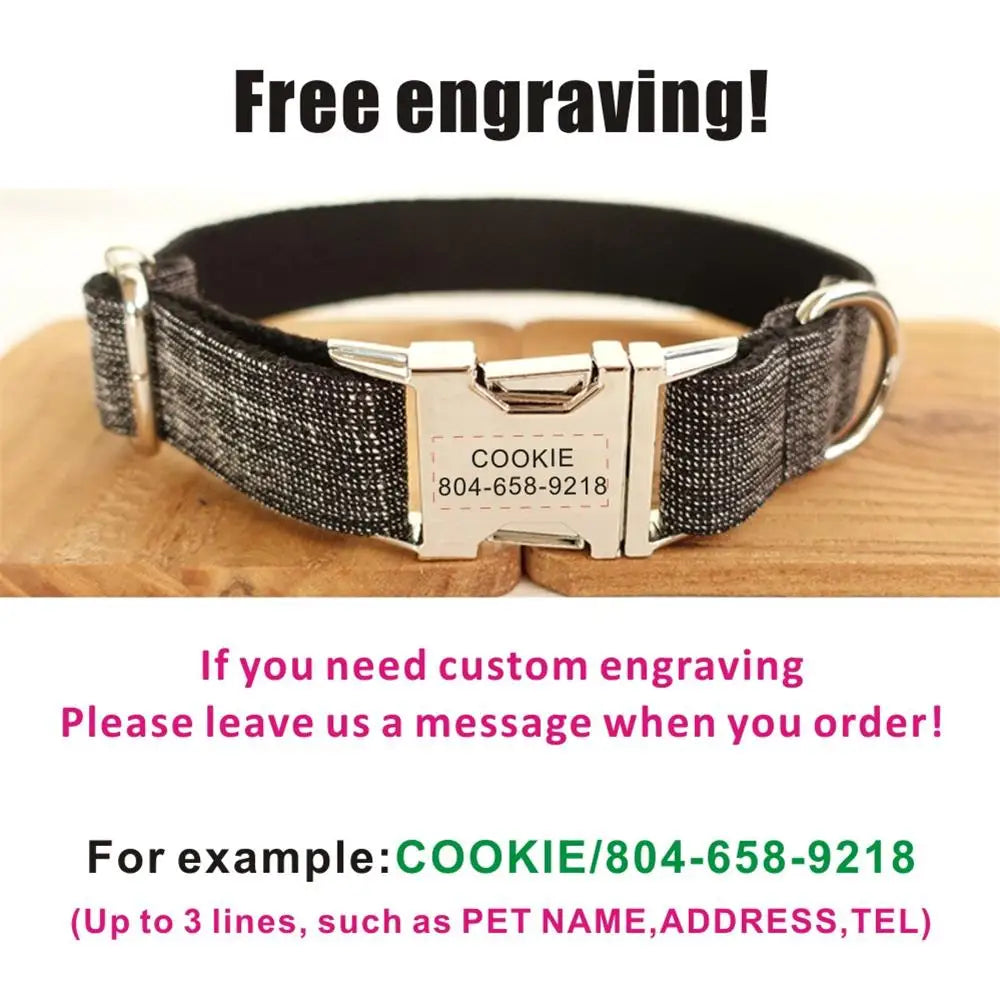 Personalized Pet Collar, Customized Nameplate ID Tag, Adjustable Linen Fiber, Black Suit, Cat and Dog Collars, Lead Leash Dogy