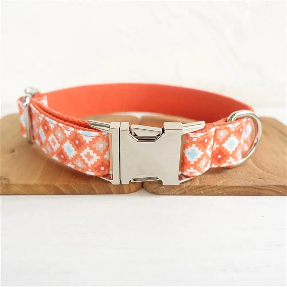 Personalized Pet Collar, Customized Nameplate ID Tag, Adjustable, Orange Geometry, Cat and Dog Collars, Lead Leash Dogy