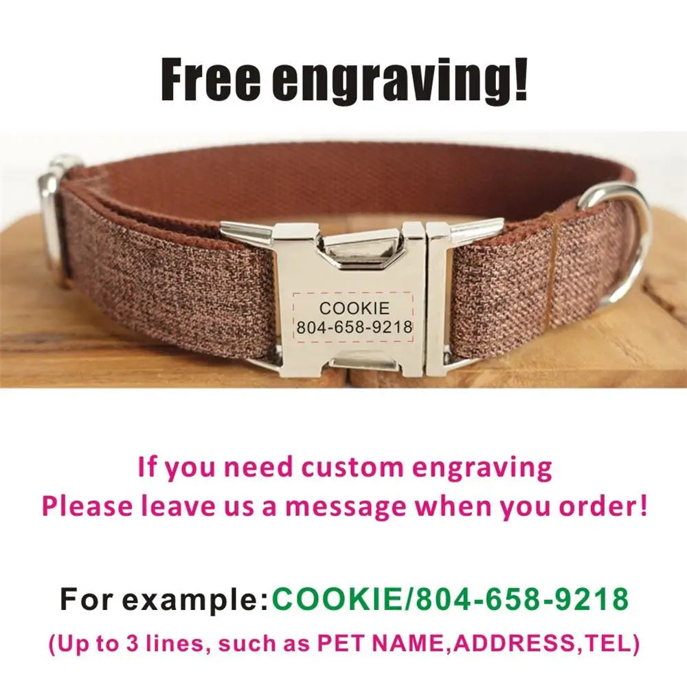 Personalized Pet Collar Customized Nameplate ID Tag Adjustable Linen Fiber Brown Suit Cat Dog Collars Lead Leash Dogy