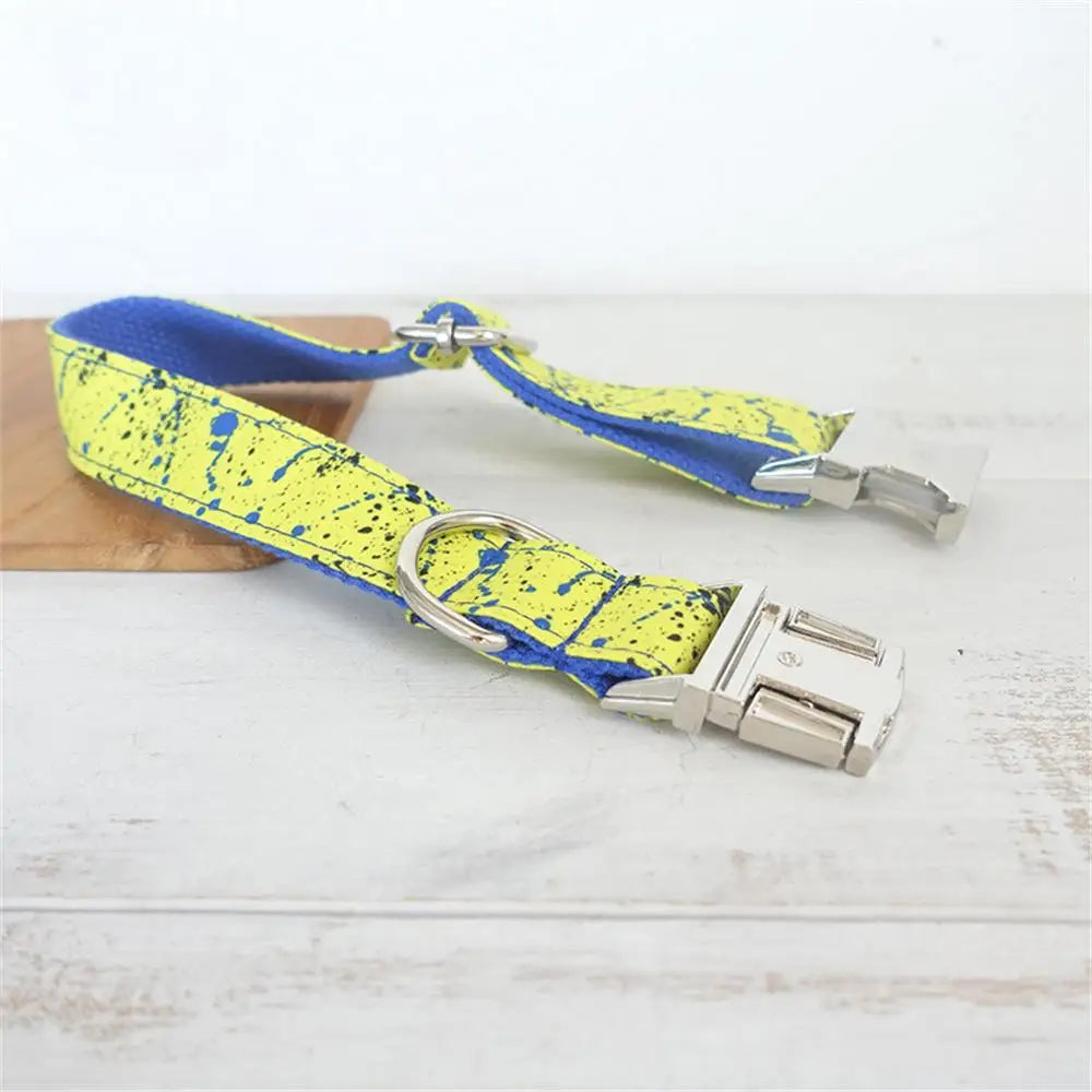 Personalized Splash Ink Pet Collar, Puppy ID Tag, Adjustable, Blue, Yellow, Paint Splashing, Basic Dog Collars, Leash Dogy