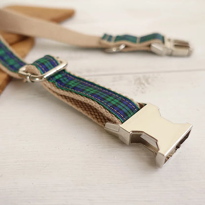 Personalized Pet Collar, Customized Nameplate, ID Tag, Adjustable, Green Scottish Plaid, Cat and Dog Collars, Lead Leash Dogy