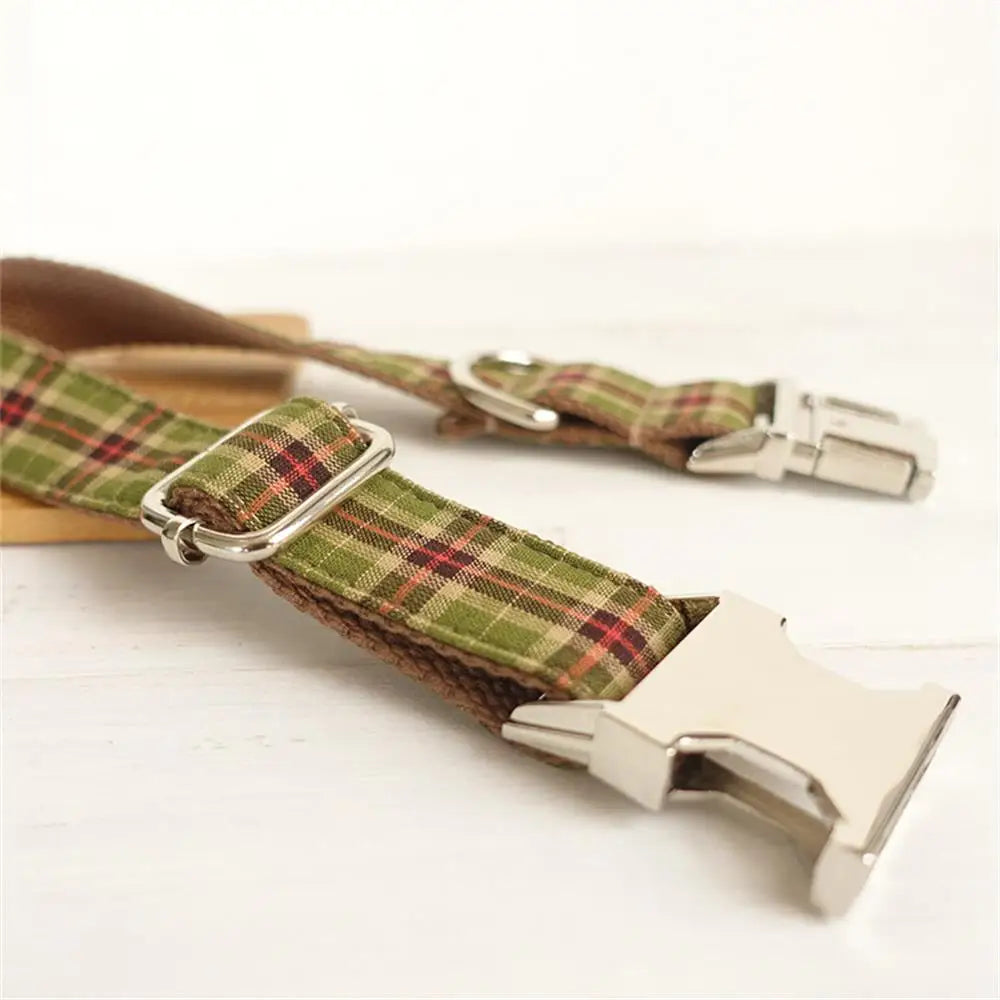 Personalized Pet Collar Customized Nameplate ID Tag Adjustable Soft Green Brown Suit Plaid Cat Dog Collars Lead Leash Dogy