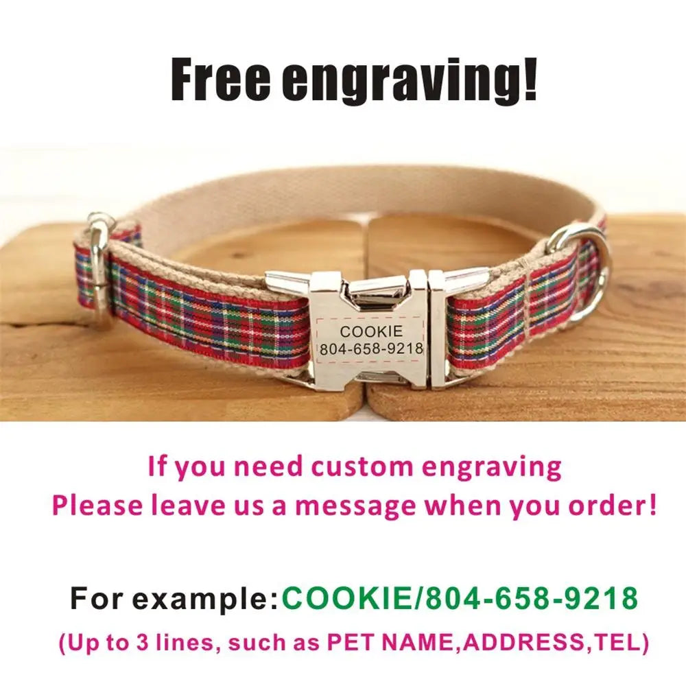 Personalized Dog Collar, Customized Pet Collars, Free Engraving, ID Nameplate Tag, Red Plaid Puppy Leash, Pet Accessory House of kix