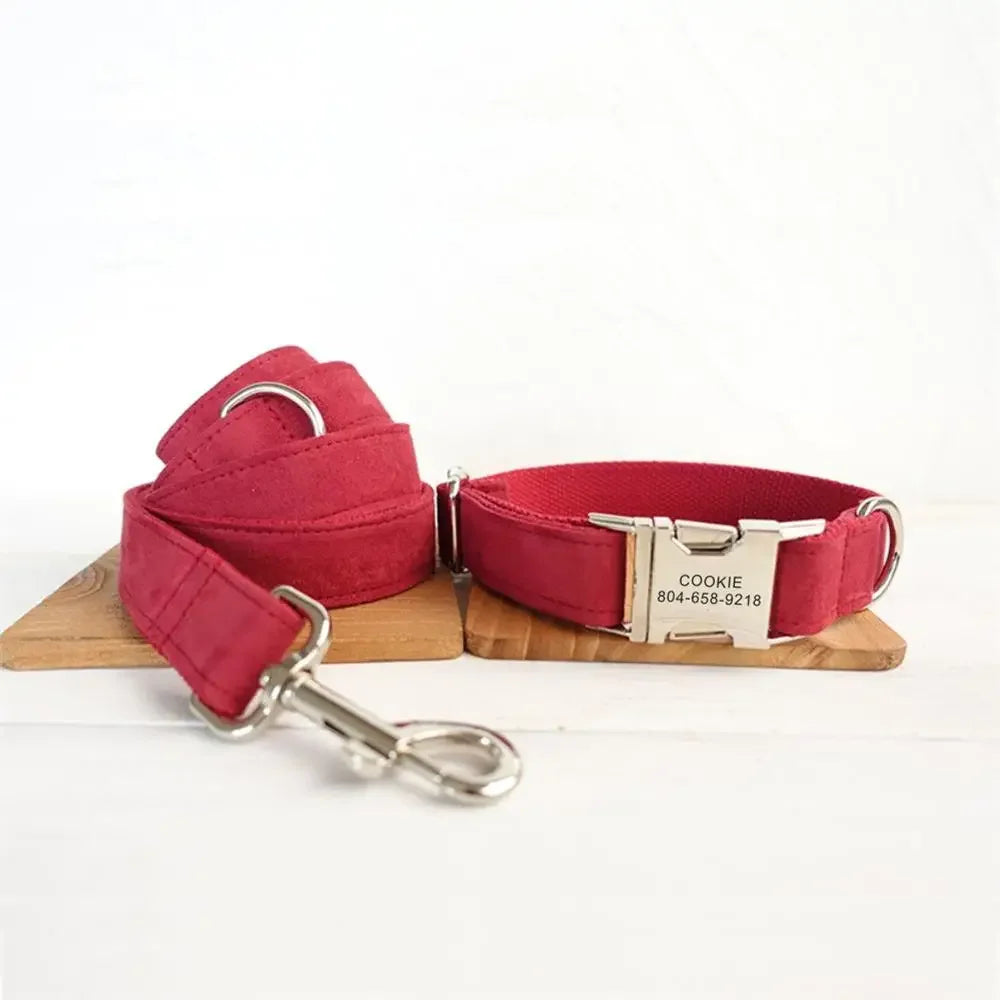 Personalized Pet Collar Customized Nameplate ID Tag Adjustable Soft Red Suede Fabric Cat Dog Collars Lead Leash Dogy