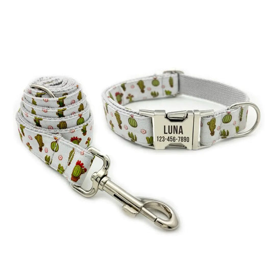 Personalized Dog Collar, Customized Pet Collar, Free Engraving, ID Nameplate Tag, Cartoon Cactus Collars, Leash Dogy