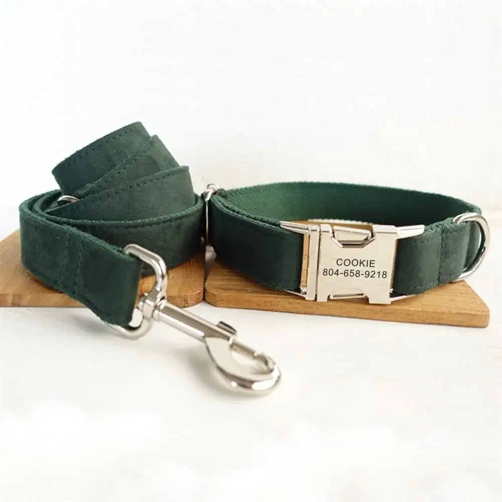 Personalized Pet Collar Customized Nameplate ID Tag Adjustable Soft Green Suede Fabric Cat Dog Collars Lead Leash Dogy