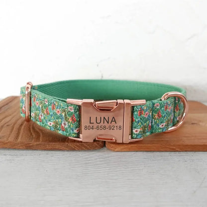 Personalized Dog Collar with Name Tag, Custom Pet Collar, Free Engraving, ID Tag, Puppy Accessory, Green Flowers Dogy