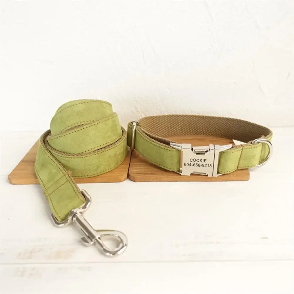 Personalized Pet Collar, Customized Nameplate, ID Tag, Adjustable, Soft, Green, Brown, Suede Fabric, Cat, Dog, Lead, Leash Dogy