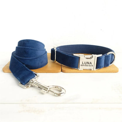 Personalized Dark Blue Velvet Pet Collar, Puppy ID Tag, Adjustable Cat Accessory, Blue Velour, Basic Dog Collars, Leash Dogy