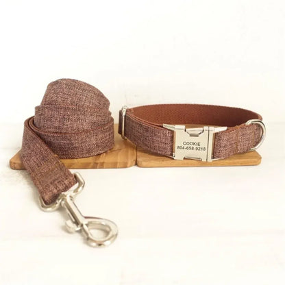 Personalized Pet Collar Customized Nameplate ID Tag Adjustable Linen Fiber Brown Suit Cat Dog Collars Lead Leash Dogy