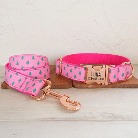 Personalized Dog Collar with Free Engraving, Pet Leash, Customized ID Metal Buckle, Christmas Tree Pink Collar Dogy