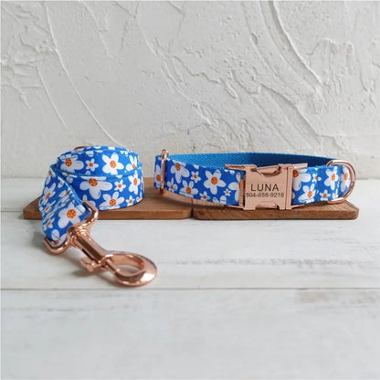 Personalized Dog Collar with Free Engraving, Custom Leash, ID Name Tag, Pet Accessory, Blue Daisy, Puppy House of kix