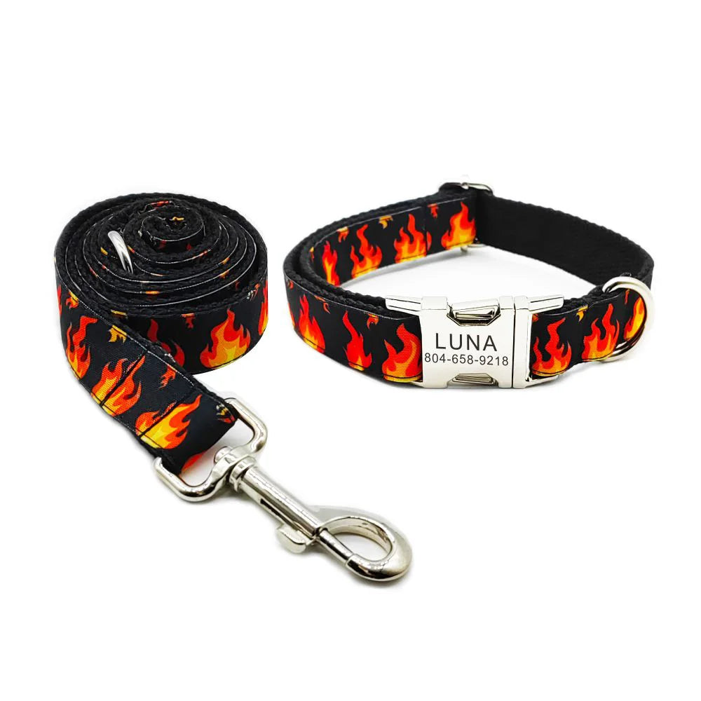 Personalized Fire Pattern Pet Collar Custom Puppy ID Tag Adjustable Cat Accessory Black Fire Basic Dog Collars Leash House of kix