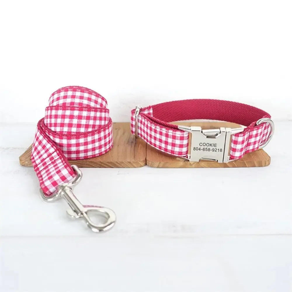 Personalized Pet Collar Customized Nameplate ID Tag Adjustable White Red Plaid Cat Dog Collars Lead Leash Dogy