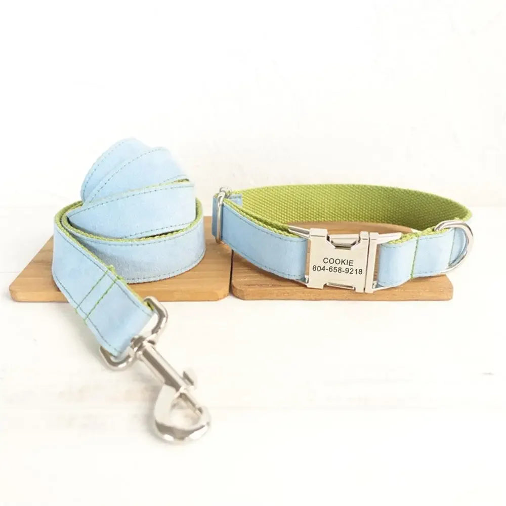 Personalized Pet Collar Customized Nameplate ID Tag Adjustable Soft Green Blue Suede Fabric Cat Dog Collars Lead Leash Dogy