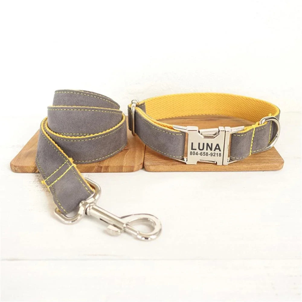 Personalized Pet Collar Customized Nameplate ID Tag Adjustable Yellow Grey Velvet Dog Basic Collars Lead Leash Dogy