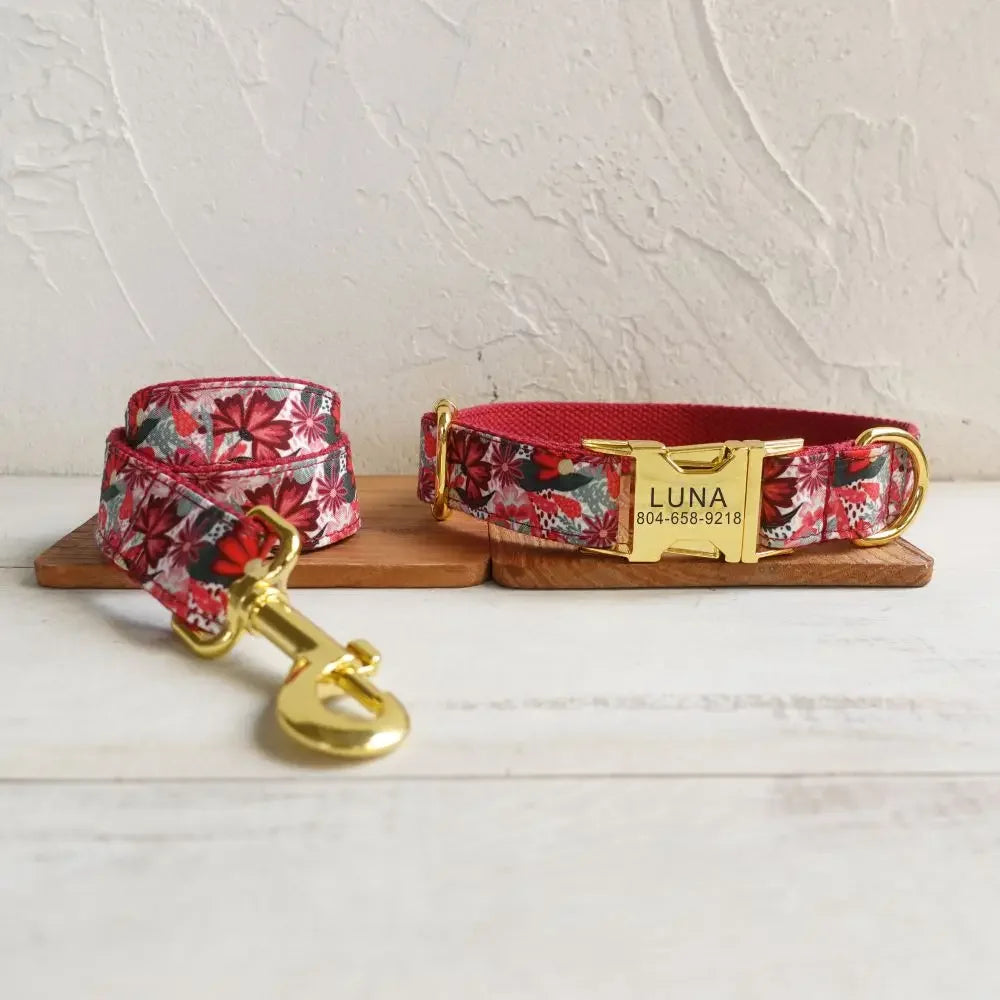 Personalized Dog Collar with Name Tag, Custom Leash, Free Engraving, ID Tag, Puppy Accessory, Red Flowers House of kix