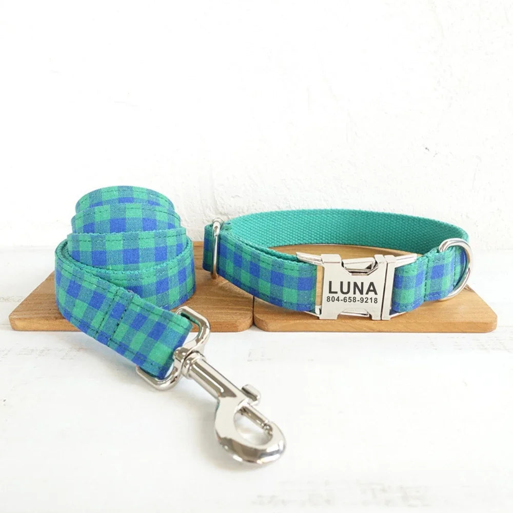 Personalized Pet Collar Free Engraving Custom Puppy Nameplate ID Tag Adjustable Buckle Green Blue Suit Plaid Collars Leash Dogy