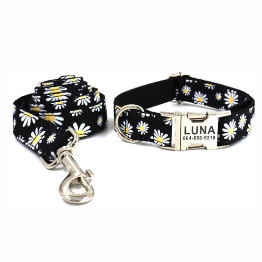 Personalized Pet Collar Custom Puppy Nameplate ID Tag Adjustable Buckle Strong Black Daisy Flower Basic Collars Lead Leash Dogy