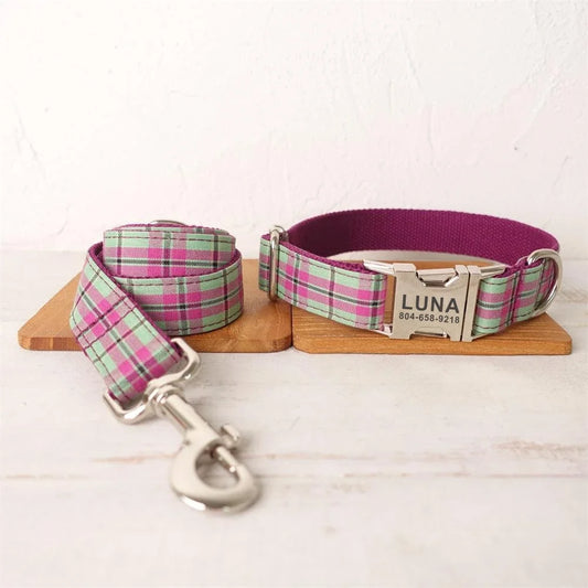 Personalized Dog Collar with Name Tag, Customized Pet Collar, Free Engraving, ID Tag, Purple, Green, Plaid Puppy Leash Dogy