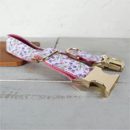 Personalized Dog Collar with Name Tag, Custom Leash, Free Engraving, ID Tag, Pink Flowers, Puppy Accessory Dogy