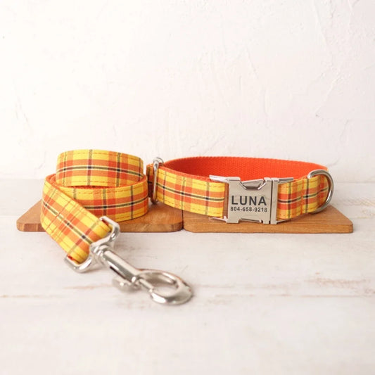 Personalized Pet Collar Free Engraving Custom Puppy Nameplate ID Tag Adjustable Buckle Orange Plaid Collars Leash Dogy