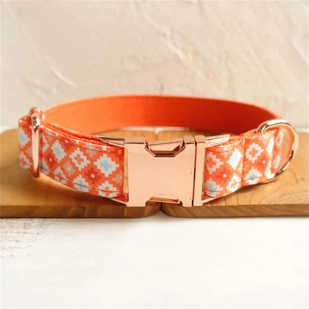 Personalized Pet Collar, Customized Nameplate ID Tag, Adjustable, Orange Geometry, Cat and Dog Collars, Lead Leash Dogy