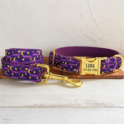 Personalized Dog Collar with Free Engraving, Pet Leash,Customzied ID Metal Buckle, Purple Moonlit Night Puppy Collar Dogy