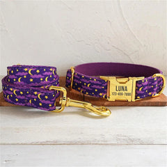 Personalized Dog Collar with Free Engraving, Pet Leash,Customzied ID Metal Buckle, Purple Moonlit Night Puppy Collar Dogy