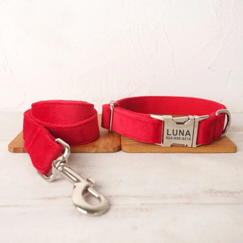 Personalized Pet Collar, Customized Nameplate, ID Tag, Adjustable, Thicken Red Velvet, Cat and Dog Collars, Lead Leash Dogy