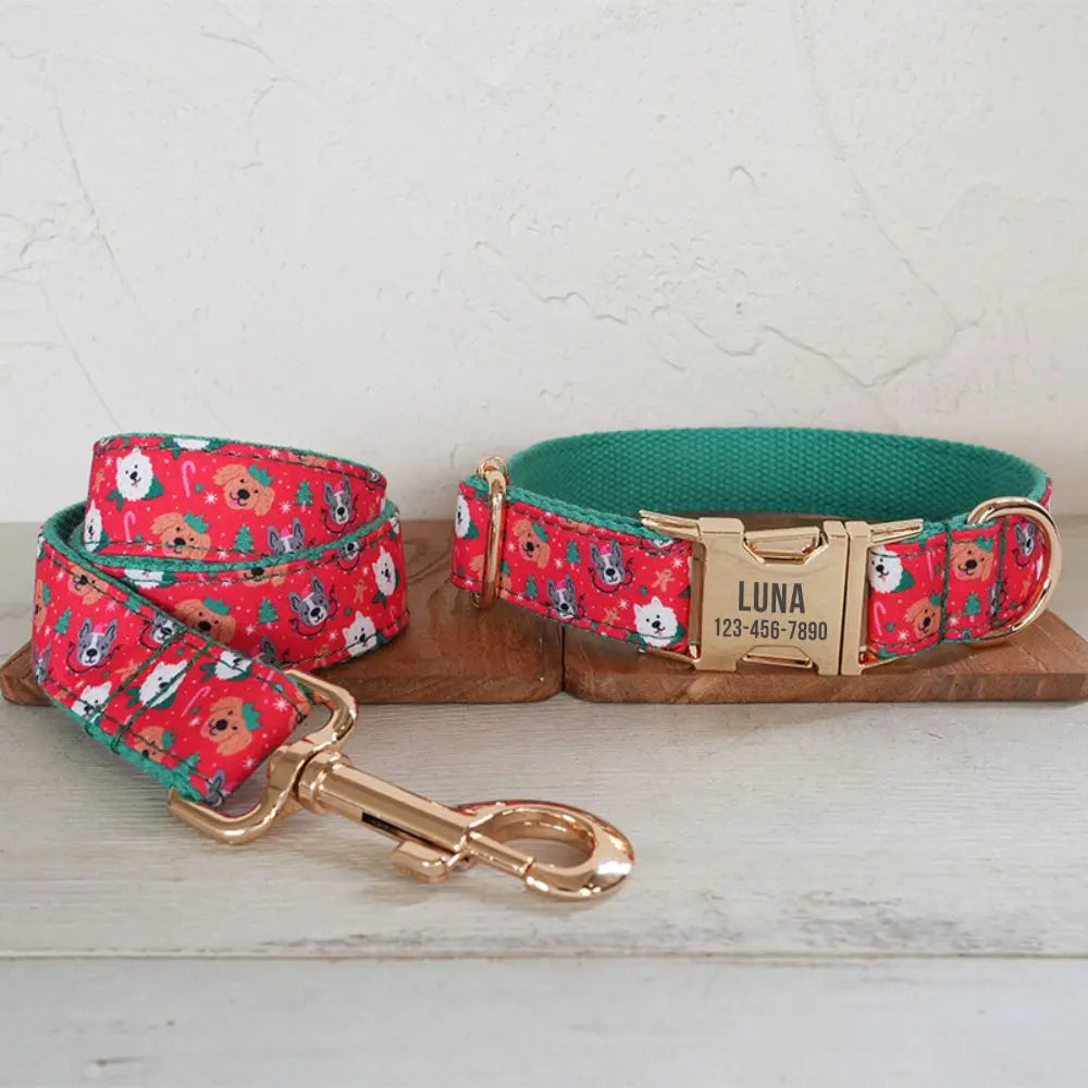 Personalized Dog Collar with Free Engraving, Pet Leash, Customized ID Metal Buckle, Christmas Cartoon Puppy Collar Dogy