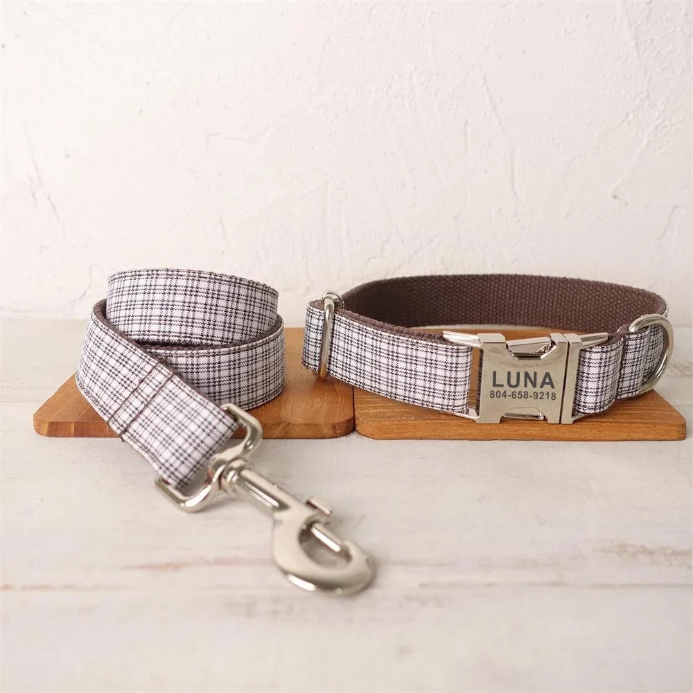 Personalized Dog Collar with Name Tag, Custom Pet Collar, Free Engraving ID Tag, Brown and White Plaid Leash, Puppy Accessory Dogy