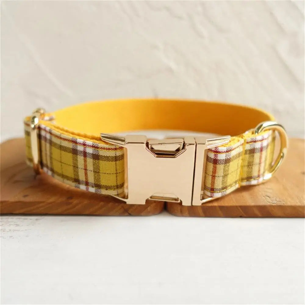 Personalized Pet Collar, Customized Nameplate ID Tag, Adjustable Suit Fiber Lemon Plaid Cat and Dog Collars, Lead Leash Dogy