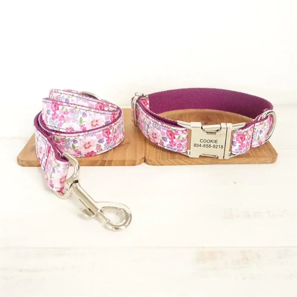 Personalized Pet Collar Customized Nameplate ID Tag Adjustable Purple Flower Cat Dog Collars Lead Leash Dogy