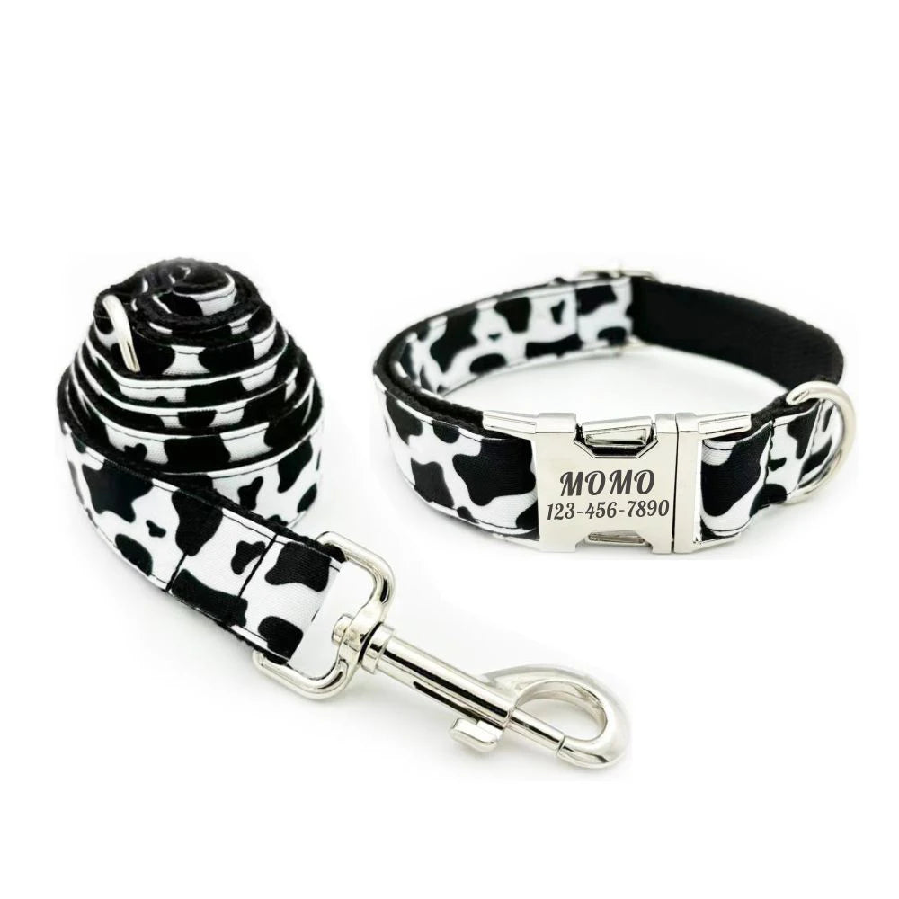 Personalized Cow Pattern Pet Collar Custom Puppy ID Tag Adjustable Cat Accessory Black White Basic Dog Collars Leash Dogy