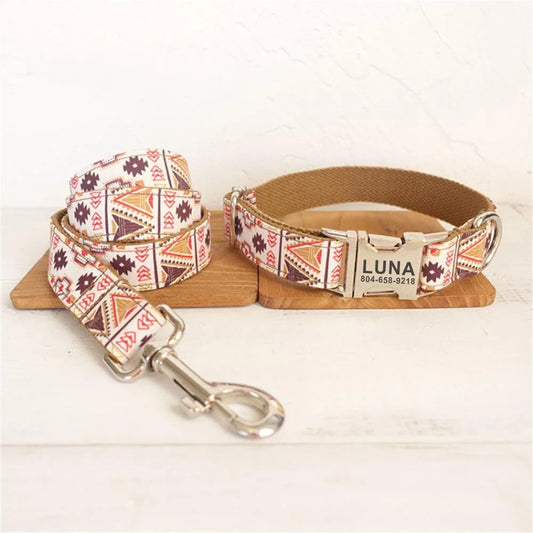 Personalized Pet Collar Customized Nameplate ID Tag Adjustable Brown Ethnic Suit National Plaid Cat Dog Collars Lead Leash Dogy