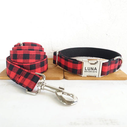 Personalized Pet Collar Free Engraving Custom Puppy Nameplate ID Tag Adjustable Buckle Black Red Suit Plaid Collars Leash Dogy