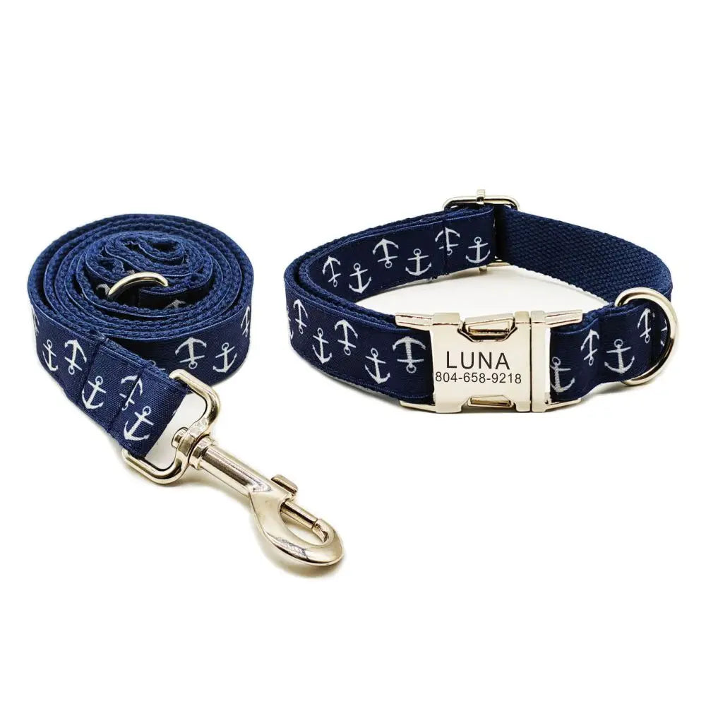 Personalized Dark Blue Pet Collar Custom Puppy ID Tag Adjustable Dog Accessory Anchor Design Pet Dog Collars Leash Dogy