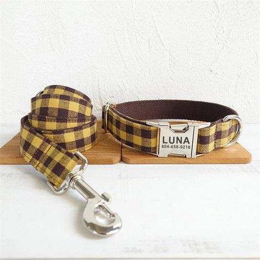 Personalized Pet Collar, Free Engraving, Adjustable Buckle, Brown Yellow Suit Plaid Collars, Leash Dogy