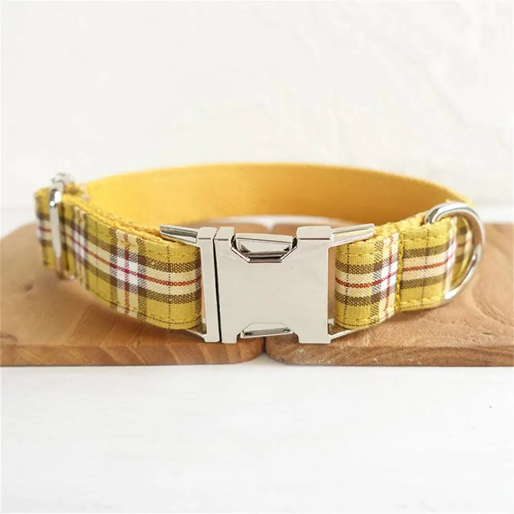 Personalized Pet Collar, Customized Nameplate ID Tag, Adjustable Suit Fiber Lemon Plaid Cat and Dog Collars, Lead Leash Dogy