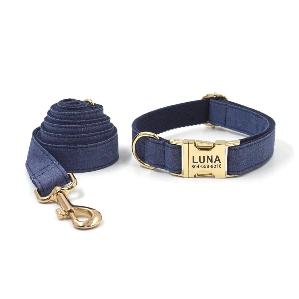 Personalized Dog Collar with Name Tag, Custom Leash, Free Engraving, ID Tag, Navy Blue, Jean Style, Puppy Accessory Dogy