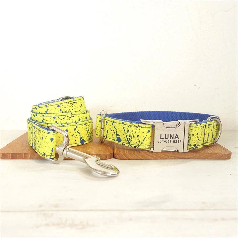 Personalized Splash Ink Pet Collar, Puppy ID Tag, Adjustable, Blue, Yellow, Paint Splashing, Basic Dog Collars, Leash Dogy