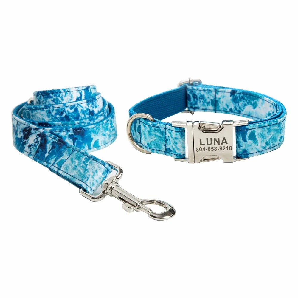 Personalized Sea Wave Pet Collar Custom Puppy Nameplate ID Tag Adjustable Buckle Blue Natural Style Basic Collars Leash Dogy