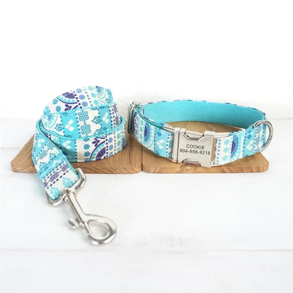 Personalized Pet Collar, Customized Nameplate ID Tag, Adjustable Light Blue Ethnic National Style, Cat Collars, Lead Leash Dogy