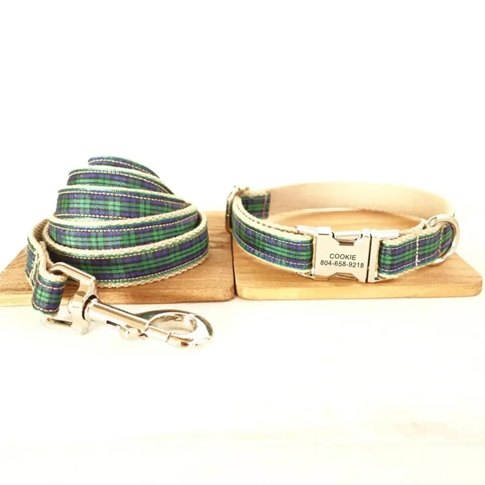 Personalized Pet Collar, Customized Nameplate, ID Tag, Adjustable, Green Scottish Plaid, Cat and Dog Collars, Lead Leash Dogy