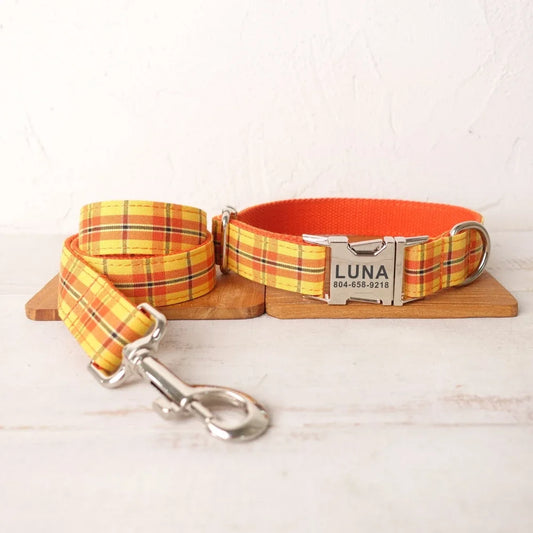 Personalized Dog Collar with Name Tag, Pet Collars, Free Engraving, ID Name Tag, Pet Accessory, Cheese Plaid, Puppy Leash Dogy