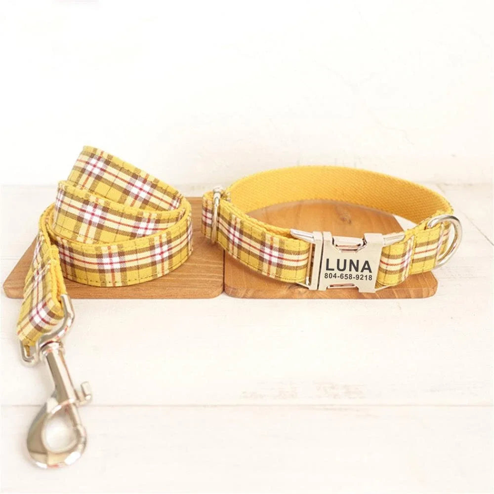 Personalized Pet Collar, Customized Nameplate ID Tag, Adjustable Suit Fiber Lemon Plaid Cat and Dog Collars, Lead Leash Dogy